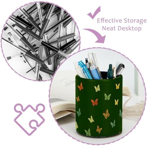 Faux Leather Pen Holder for Desk, Pencil Organizer Butterfly Pen Cup Desk Decor Makeup Brush Holder Storage for Office Home