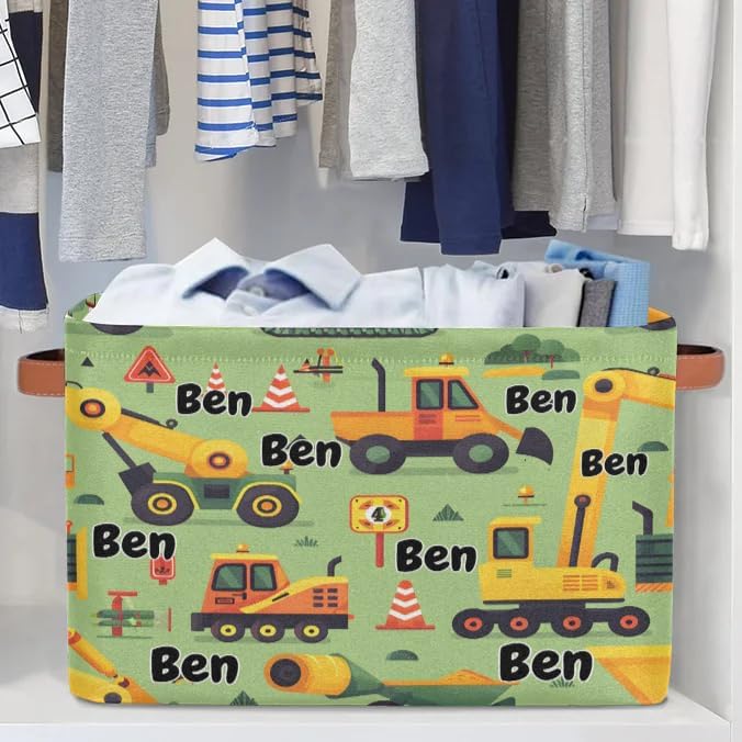 Personalized Name Storage Basket Handles for Boys, Canvas Storage Bins Toys Clothes Organizer for Bedroom, Kitchen, Bathroom, Nursery, Shelves, Closets, Cartoon Excavator Construction Vehicle