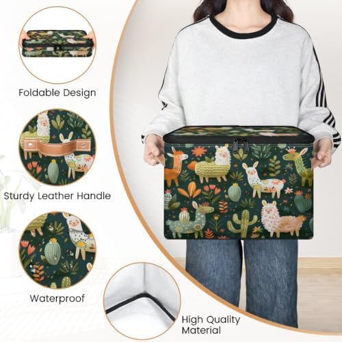 Llama Alpaca Storage Box with Zipper Lid | Collapsible, Fabric, Storage Bin, Handle, Large, Closet Organizer, Containers, Bedroom, Home, Tropical Plant Cactus
