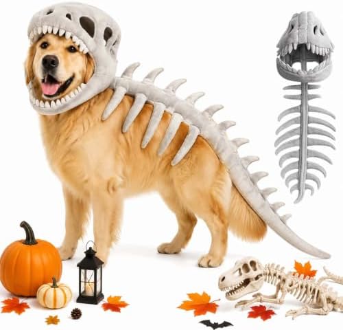 Pet Dinosaur Costume, 31.4inch Halloween 3D Skeleton Design Costume for Medium to Large Dogs, Realistic Dino Outfit for Pet Cosplay Party Family, Round and Chubby Body,Adorably Silly Gray