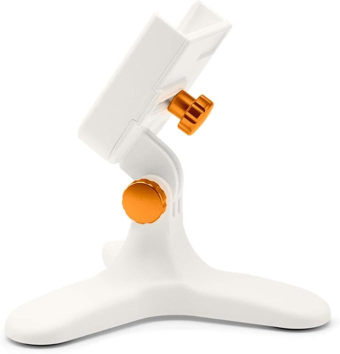 WeatherTech DeskFone in White - Adjustable, Universal Cell Phone Holder Mount Stand for Desk, Counter, Table - Tripod Design for iPhone & Smartphone Charging - Orange Metal Knobs