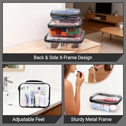 3 PCS Clear Zipper Pouches with Handle, Diaper Bag Organizer, Clear Makeup Bags Hardshell Toy Storage Bins with Zipper Toiletry Pouch Bag for Cosmetics Pencils Puzzles, Building Blocks(Black)