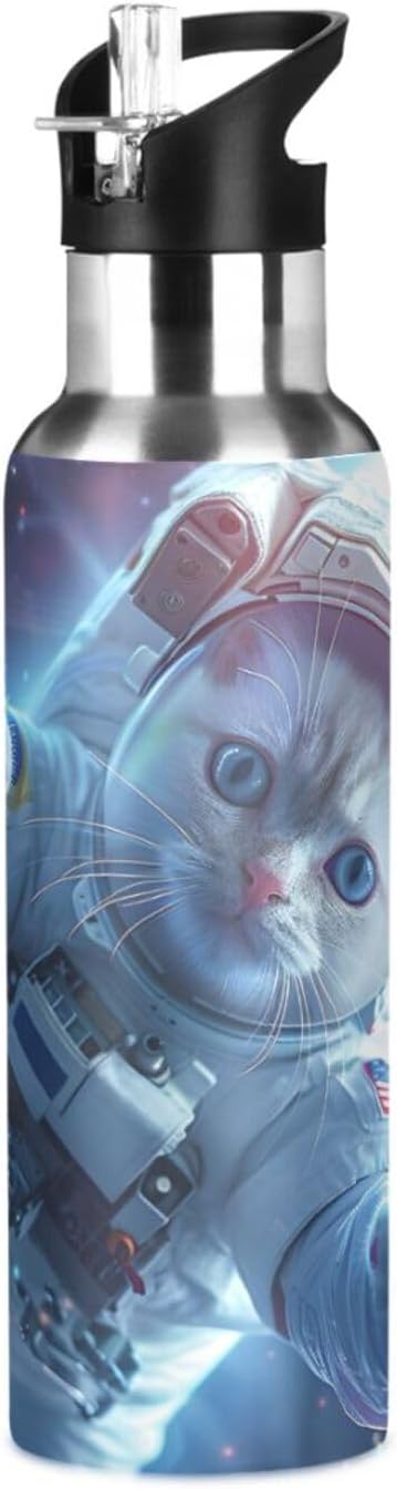Astronaut Cat in Space Water Bottle with Straw Lid Kids Insulated Stainless Steel Water Flask Sports, 20 Oz Hot Cold