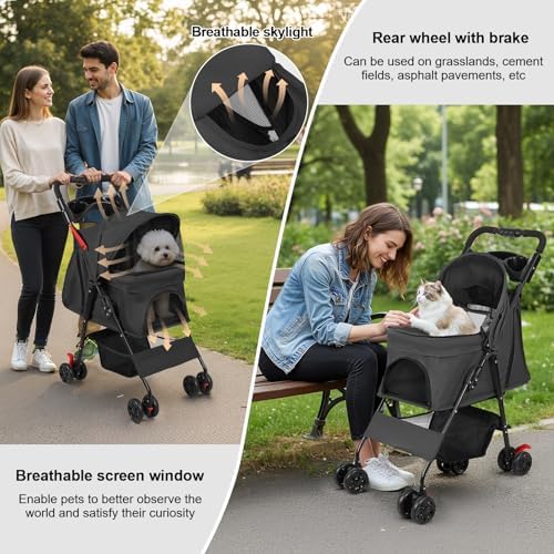 Dog Stroller, Foldable 4-Wheel Pet Strolling Cart for Small/Medium Dogs & Cats, Easy One-Button Fold, 360 Swivel Wheels & Rear Brakes, Breathable Mesh, Cup Holder & Storage for All-Season Use