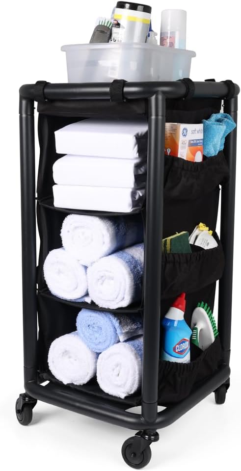 Rolling Janitorial Cart with Steel Frame, Organizer, Black Bag, Matte Black | Multipurpose rolling janitorial cart w/ steel frame, organizer storage, & black bag for cleaning, laundry, garage, & home use