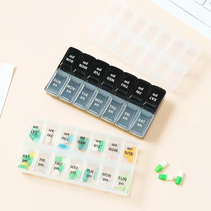 Large Pill Organizer, Weekly Portable Pill Dispenser Reminder Box | Travel Daily Pill Case Holder, Medication Planner for Vitamin, Medicine, Fish Oil, Supplements, 14 Compartment, Transparent