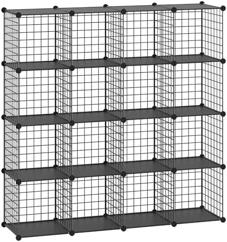 HUBSON Wire Cube Organizer, Book/Toy/Craft/Potted Plants and Pet Closet Organizers, 16-Cube Freely Combinable Metal Grids Storage Shelf, Black Plus Iron