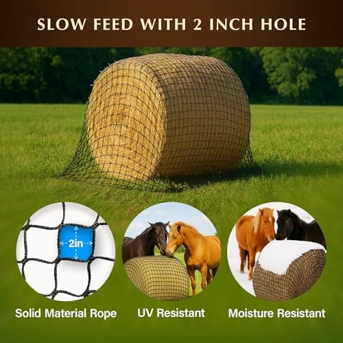 6x6 Ft Round Bale Hay Net for Horses – Knotless Slow Feeder Net with 2” Holes – Fits Up to 6x6 Round Bales or Square Bales – Helps Reduce Hay Waste – Large, Durable Hay Feeder, Year-Round Use