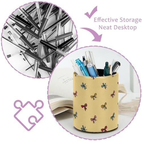 Faux Leather Pen Holder for Desk, Pencil Organizer Colorful Bow Pen Cup Desk Decor Makeup Brush Holder Storage for Office Home