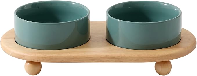 Havniva Ceramic Elevated Cat Food and Water Bowl, Kitty Bowl, Raised Cat Dish, Pet Feeder (5.1 in, 2 x Dark Green + Stand)
