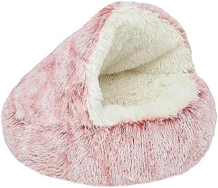Dog Cave Bed for Small Dogs Cats Pets, Anti Anxiety Calming Plush Dog Beds, Fluffy Covered Hooded Cozy Burrow Puppy Beds, Anti-Slip Bottom Washable Pet Sleeping Bag (20" D, Pink)