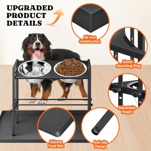 Pawtners Elevated Dog Bowl for Large Breed, Adjustable Feeder with Mat