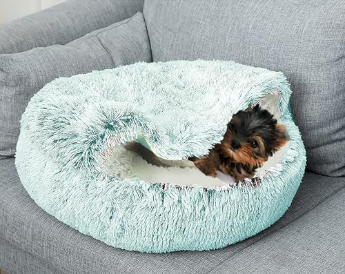 Dog Cave Bed for Small Dogs Cats Pets, Anti Anxiety Calming Plush Dog Beds, Fluffy Covered Hooded Cozy Burrow Puppy Beds, Anti-Slip Bottom Washable Pet Sleeping Bag (20" D, Green)