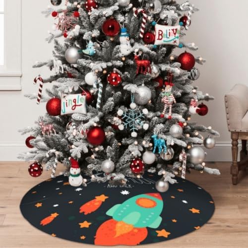 Christmas Tree Skirt, Soft Polyester Xmas Tree Skirts with Ribbon Ties, Rustic Farmhouse Holiday I Love You to The Moon and Back Cute Romantic Stars and Comets On Black Background 30"