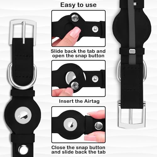 Leather Dog Collar with Airtag Holder - Apple Air Tag Dog Collars - Soft Tracking GPS Pet Collar for Small Medium Large Dogs Breed Puppy (Black, M, 12"-15" Neck Fit)