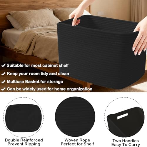 3 Pack Woven Baskets,Storage Baskets for Shelves with Handles | 13.5"×11"×9.5",Closet Baskets,Gift Basket,Nursery Organizer for Toys Towels Books,Storage Bin for Living Room Bedroom-Black