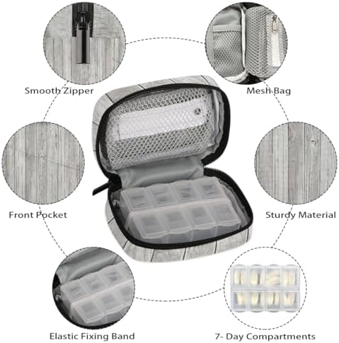 Pill Organizer Box Wood Board Wood Grain Retro 7-Day Weekly Medicine Pill Case Travel Pill Container Portable Pill Holder Storage Purse Bag Small Compact Size for Vitamin Supplement Birth Control
