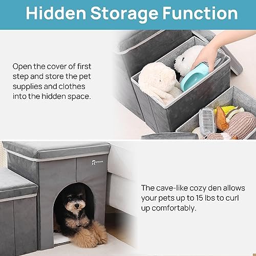 Foldable Pet Stairs with Cozy House & Storage