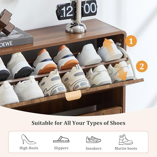 ORRD Shoe Storage Cabinet for Entryway with 2 Flip Drawers Set of 2, Freestanding Narrow Wood Shoe Cabinet with Wave Panel, Hidden Shoe Organizer for Foyer, Hallway (Walnut)