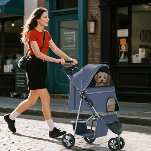 Foldable 3-Wheel Pet Stroller for Small Dogs & Cats, Navy Blue | Storage Basket & Cup Holder, Breathable Mesh Cover, Lightweight and Durable, for Small to Medium Pets, up to 33 lbs