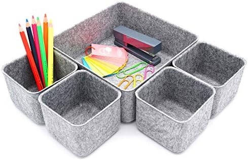 Welaxy Desk Organizers Storage bins Set Office Drawer Organizers Pen holder pencil cup phone stand sticky note storage Closet Cabinet boxes Organizing 5-piece Pack (Gray)