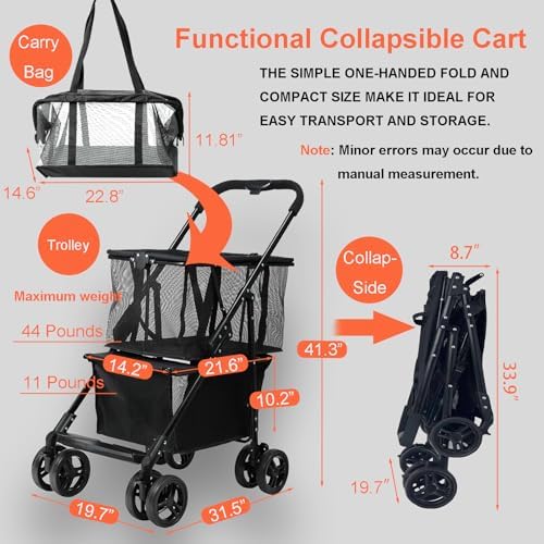 Folding Shopping Cart with Rolling Swivel Wheels Utility Trolley Cart, with Stylish Removable Tote Basket for Travel Shop Move Luggage Office (Black + Gold Frame)