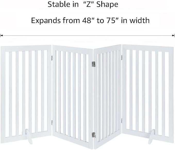 unipaws 36”H Free Standing Pet Gate for Dog, Tall Wooden Dog Gate, 80” Wide | Foldable Pet Fence for Doorway, Stairs, Step, Expandable Doggy Barrier, Room Divider, Indoor Use, White