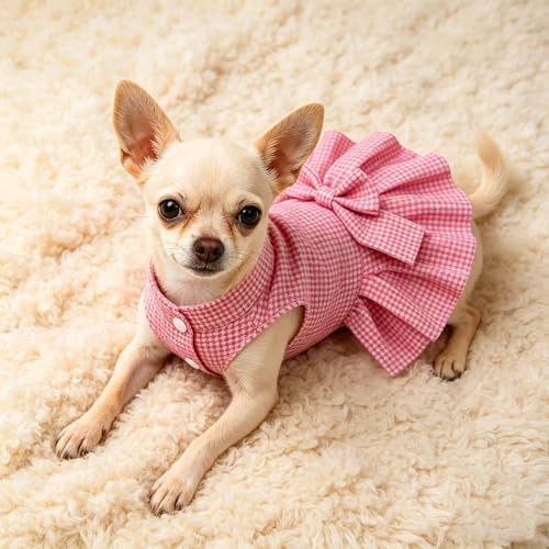 Classic Plaid Dog Dress with Bow Tie for Small Dogs Cats Girls, Cute Puppy Dresses Clothes with Bowknot Chihuahua French Bulldog Pet Apparel Outfits (Strawberry Pink, Small)