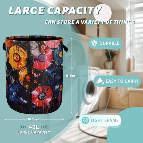 Colorful Music Laundry Basket Foldable Oxford Cloth Hamper 18.9"x16.5"