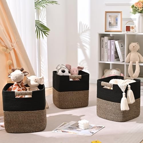 13 Inch Storage Cubes, 3 Pack Cube Storage Bins for Organizing, Cotton Rope Woven Baskets for Shelves, Bathroom, Kids Room, Closets, Baby Nursery