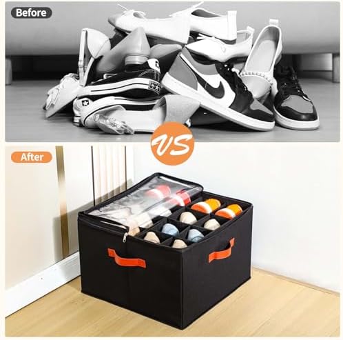 INSTY 2 Pack Shoe Organizer for Closet, Fits up to 32 Pairs, Adjustable Dividers for Shoe Storage, Fabric Shoe Storage Bins with Clear Cover, Black