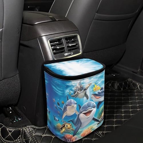 DISNIMO Ocean Turtle Dolphin Car Trash Can with Lid, Leak Proof Trash Bin Garbage Bag Collapsible Automatic Portable Trash Can, Easy to Clean, Used in Car Home Office