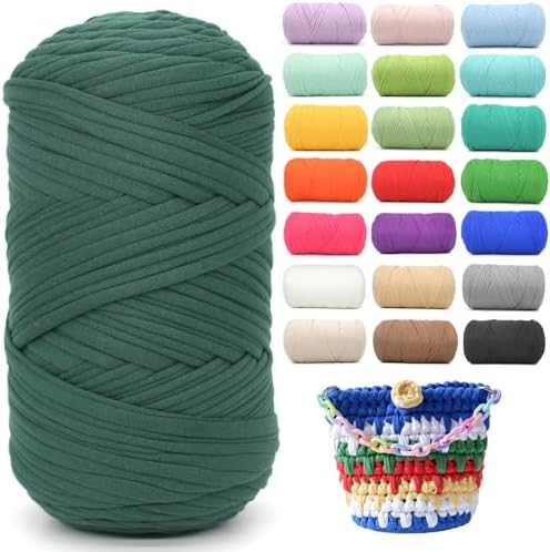 400g Tshirt Yarn for Crochet,Dark Green T Shirt Soft Elastic Fabric Chunky Thick T-Shirt Crochet Yarn for Crocheting Knitting Beginner Hand Knitting for Bag/DIY Craft/Home Decor-Dark Green