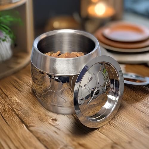 BREKX Premium Steel Dog Treat Container, Insulated Airtight Pet Food Container with Paw Print Design, Modern Silver Brushed Steel Dog Storage for Treats, 12-Cup Capacity