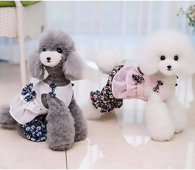 Vintage Floral Bowknot Sleeveless Romper for Small Dogs Cats Rabbits, Breathable Cotton Ruffle Flared Pants, Teacup to Small-Medium Pets for Walk Photo Vacation (Blue-Floral, X-Small)