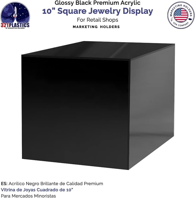 10" Acrylic Display Riser Box with 1 Open Side No Lid Glossy Black Square Retail Merchandise Storage Bin Product Platform by Marketing Holders