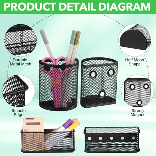 Weysat Set of 5 Magnetic Locker Accessories Mirror with 2 Magnetic Pen Holder and 2 Wire Mesh Storage Basket for Students Back to School Locker Organizer for School Office(Black)