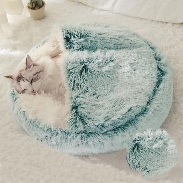 Round Fluffy Hooded Cat Bed Cave, Anti-Anxiety Cave Bed with Blanket | Hooded Cat Bed Cave, Cozy Cuddler Luxury Puppy Pet Bed, Anti-Slip Bottom and Machine Washable