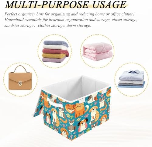 Dogs and Cats Storage Basket with Lid Collapsible Storage Bin Fabric Box Closet Organizer for Home Bedroom Office 1 Pack