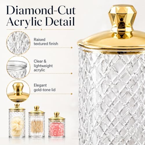 3-Pack Clear Acrylic Diamond-Cut Storage Jars with Gold Lids – Airtight Containers for Kitchen, Bathroom & Home Organization – Versatile Jars for Cotton Pads, Bath Salts & Snacks