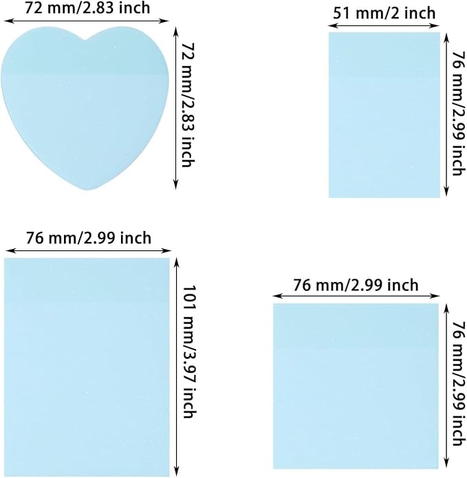 4pack Translucent Mixed Shape Glitter Sticky Notes for Annotating,Pastel Color Self-Stick Tabs Blank Index Sticker Funny Memo Pad Soft PET Page Flag for Organizer,Office,Valentines Day (Blue)