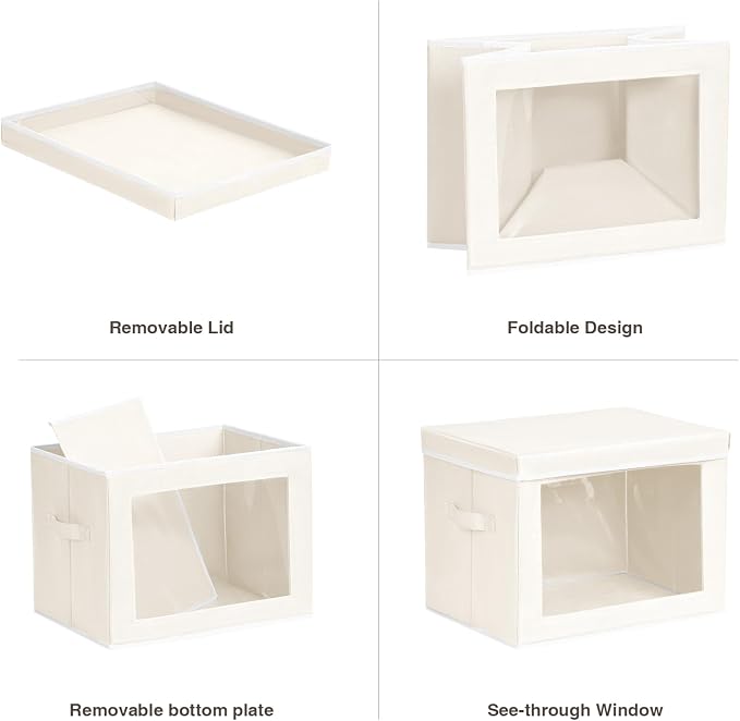 Storage Bins with Lids, 4 Pack Large Storage Cubes with Window, Closet Bins with Lids & Handles, Fabric Box for Organizing Clothes, Towels, Books, Beige