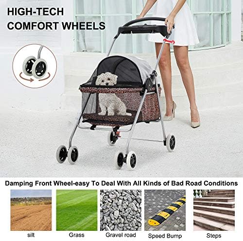 Meet Perfect Pet Stroller for Small/Medium Dogs & Cats, Leopard, Foldable | Waterproof fabric helps protect pets during outdoor travel; Mesh panels provide ventilation and visibility.