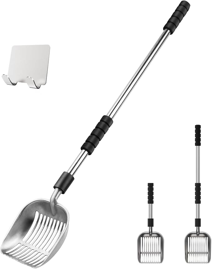 Depets Cat Litter Scoop, Long Handle Metal Litter Scooper - No Bending | Detachable, Deep Shovel, Comfort Foam Grip, Easy & Fast Sifting, Heavy Duty Stainless Steel, Litter Sifter with Storage Hook