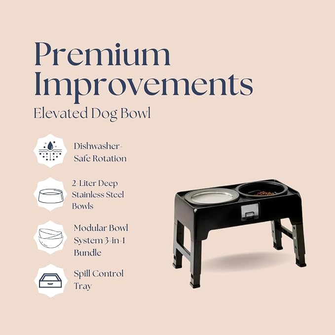 Elevated Dog Bowls, 4 Height Adjustable Stand with 2 Stainless Steel 2 L Bowls, Slow Feeder Insert, Floating Water Dispenser, Small to XL Dogs, Black