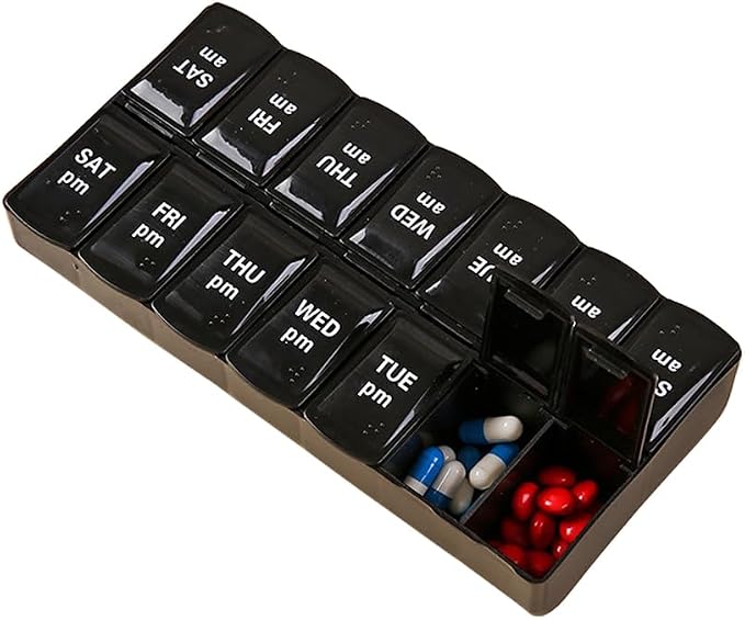 Travel Pill Organizer, Small Pill Case Holder Daily Medicine Box | Black 14 Compartment Container for Vitamin Supplement Pocket Pharmacy, Medicine Dispenser Purse Cute Tablet Meds Capsule