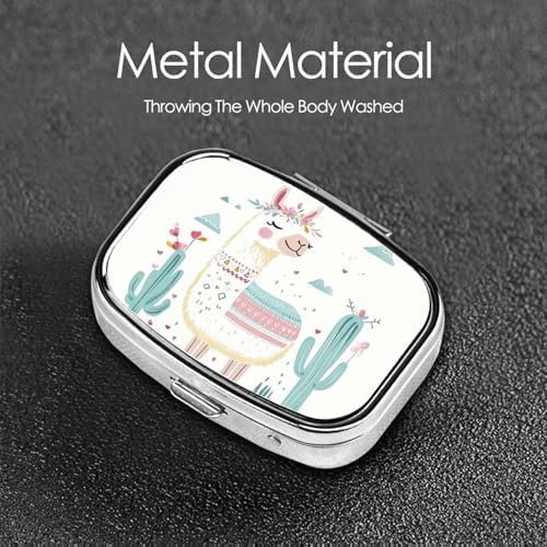Pill Box 2 Compartment Medicine Pill Case for Pocket or Purse Mini Metal Pill Holder Cute Hand Drawn Llama Pill Case Vitamin Organizer Portable Travel Pill Container to Hold Supplements Vitamins