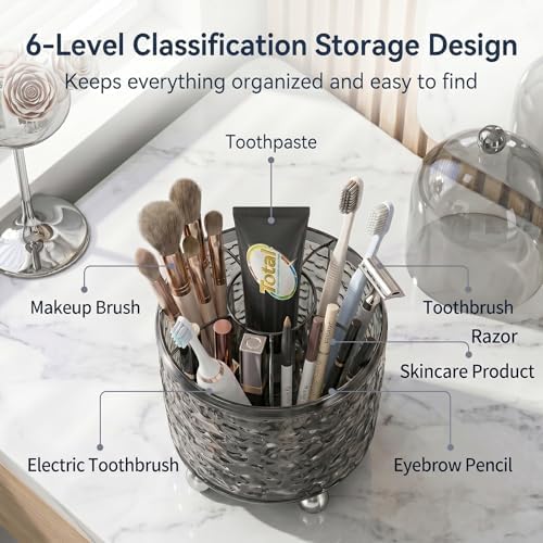 360°Rotating Toothbrush Holder with Cover, Dustproof Electric Toothbrush and Toothpaste Holder for Bathroom Countertop, 3 Slots Makeup Brush Organizer & Bathroom Storage (Transparent Gray)