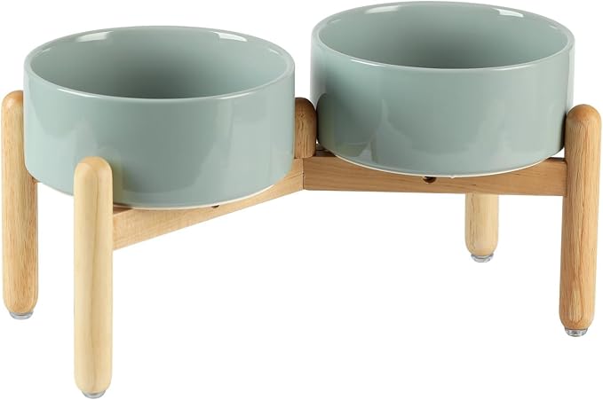 Havniva Ceramic Dog Bowls Elevated, Raised Dog Food Bowl for Medium Dogs | 7.3” Elevated Dog Bowls, Non-Slip Wood Stand, Dog Food and Water Bowl Set, Dog Feeding Dish, Large Capacity Pet Water Bowl