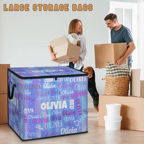 Personalized Name Large Storage Basket with Lid, Canvas Storage Bins Quilt Clothes Organizer for Bedroom, Kitchen, Bathroom, Nursery, Shelves, Closets, Gradient Blue Stripes with Stars